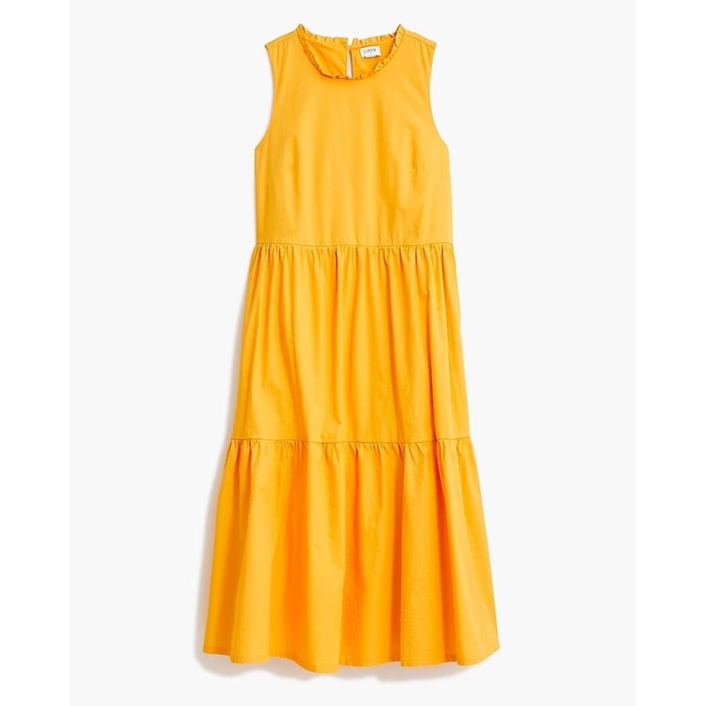 J. CREW Saffron Yellow Tiered Midi Dress Sleeveless Pockets Preppy Cottage Sz 8